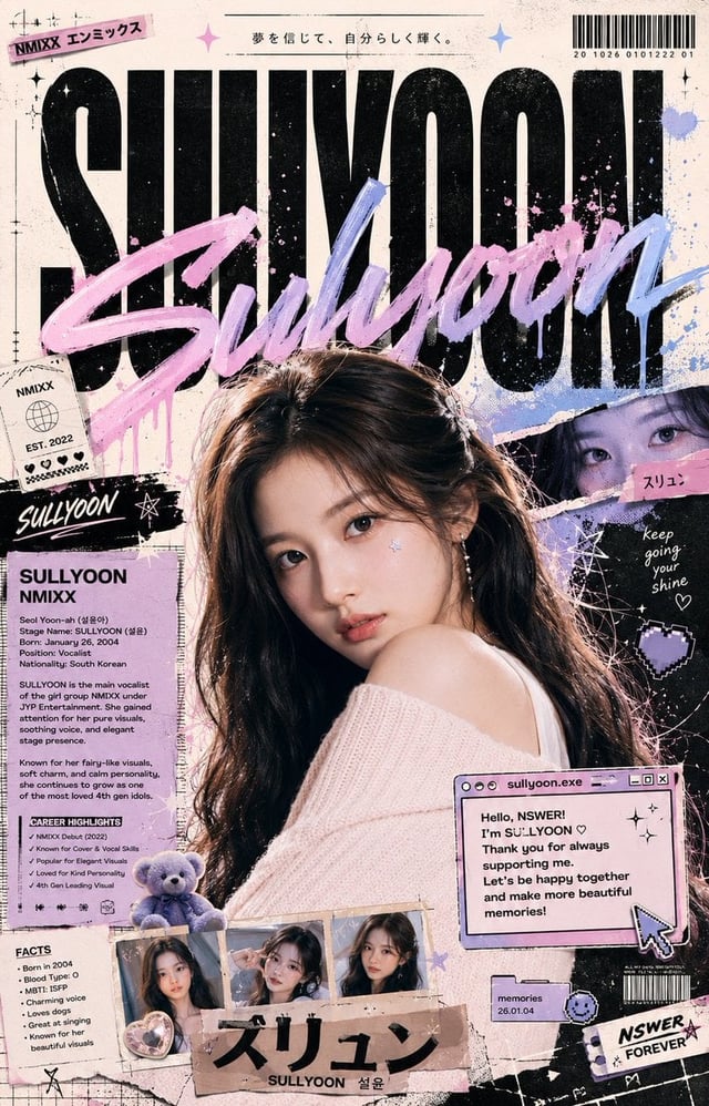 Create an ultra-premium modern Japanese street-art editorial poster featuring [SULYOON- NMIXX] as th