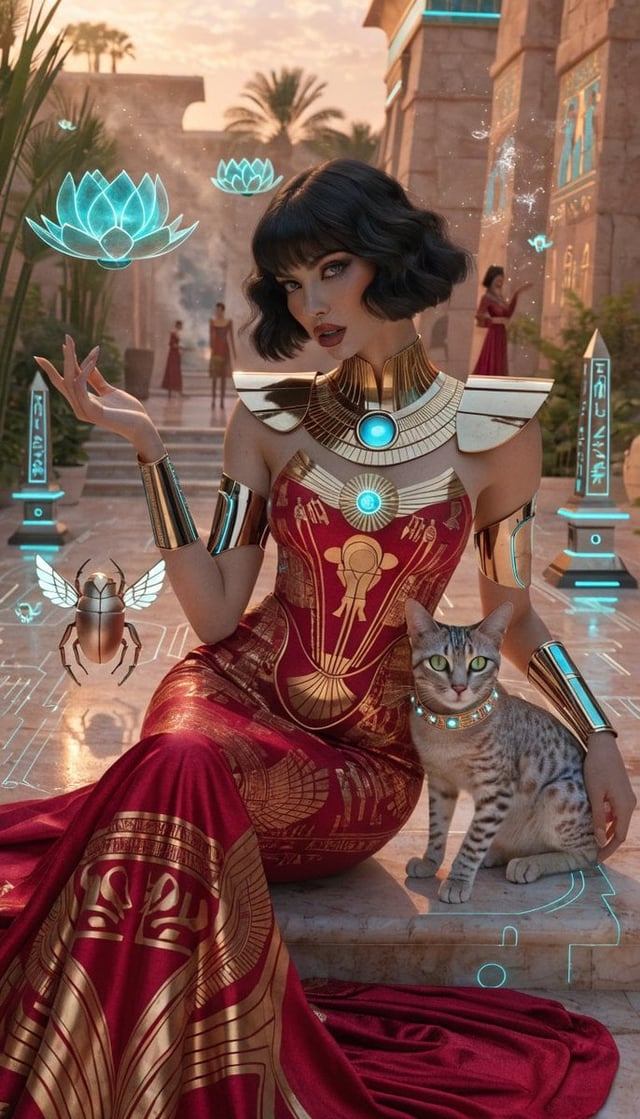 Photorealistic retro-futuristic Egyptian cyberpunk queen seated regally on polished temple steps in 