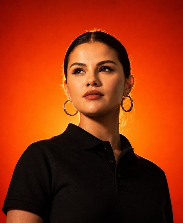 Ultra-realistic studio portrait photography, confident fashion model wearing a plain black polo shir