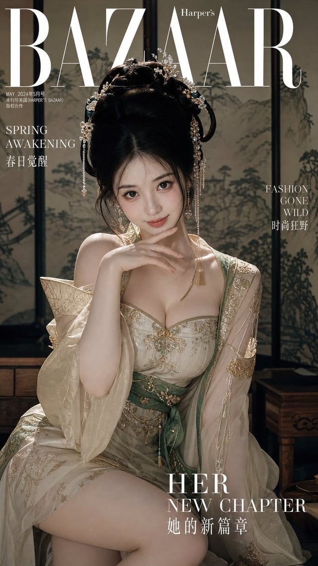 顶尖现代时尚杂志封面大片，一位20岁左右的国风美女，身着改良版华丽古装（汉服元素）。她拥有丰腴匀称的沙漏型身材，裁剪得体的古装完美勾勒出优美曲线。神态灵动娇俏，眼神带着一丝俏皮与卖萌的可爱感，直视镜头