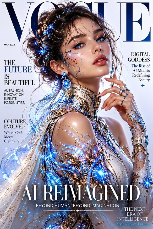 Professional magazine cover design, Vogue style, fictional AI model with photorealistic face, elegan