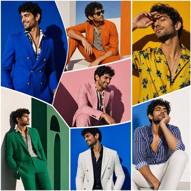 The SAME male model displayed across oversized random-shaped fashion panels inspired by modern art g