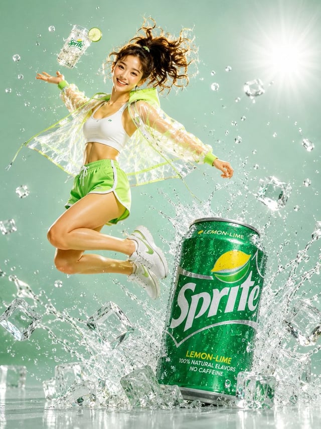 A young woman mid-air jumping pose, high ponytail flying, pure excitement on her face, wearing a whi