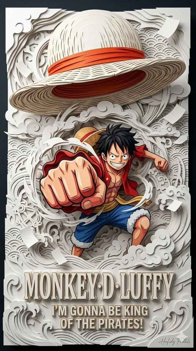 Ultra-detailed 3D layered papercraft anime poster, dynamic anime hero emerging from intricate paper-