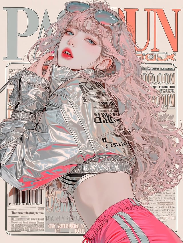 A magazine cover design featuring a [여/남], wearing a metallic silver cropped puffer jacket, neon [색상