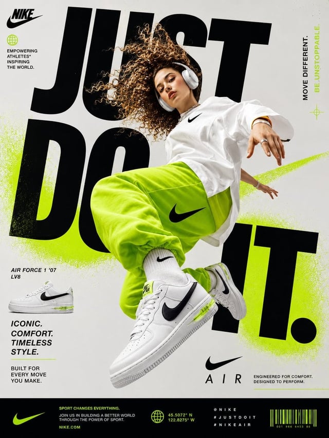 Generate a perfectly graphic designed poster of Nike Shoe advertisement. The character (indian young