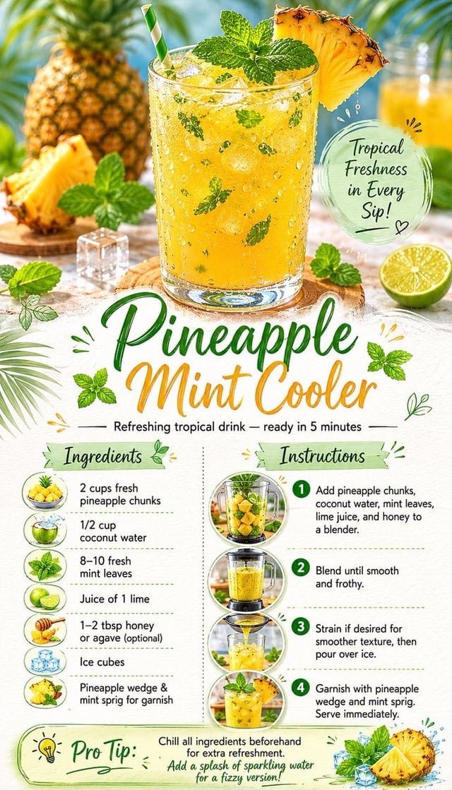 Create a beautiful, vertical recipe card for "Pineapple Mint Cooler" as a vibrant summer refresher. 