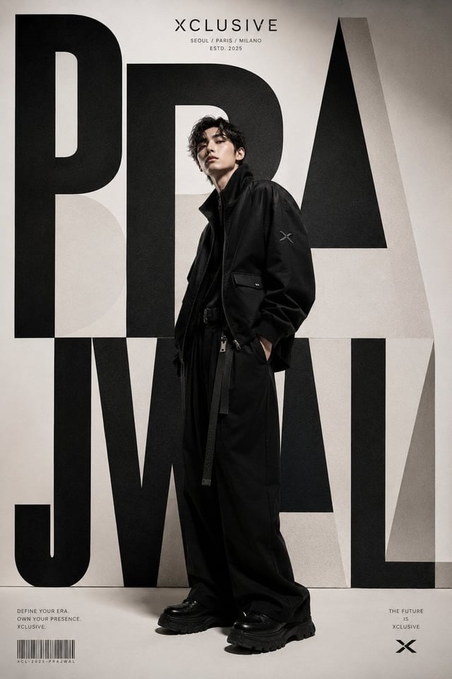 A world-class luxury fashion editorial poster for XCLUSIVE, inspired by contemporary Korean luxury s