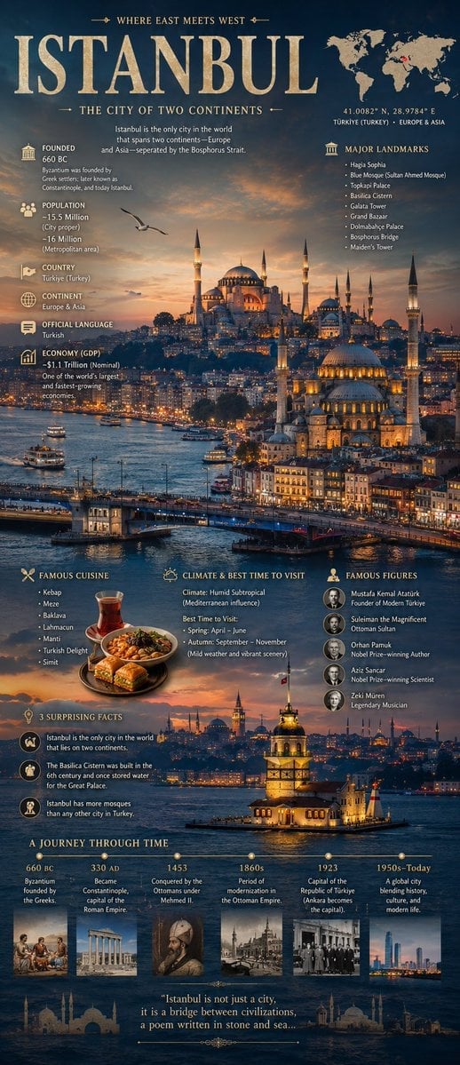 A cinematic editorial infographic poster for [city name], featuring the city’s most iconic skyline, 