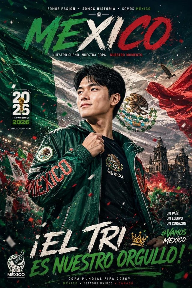 Ultra-cinematic FIFA World Cup 2026 promotional poster, proud young supporter standing heroically in