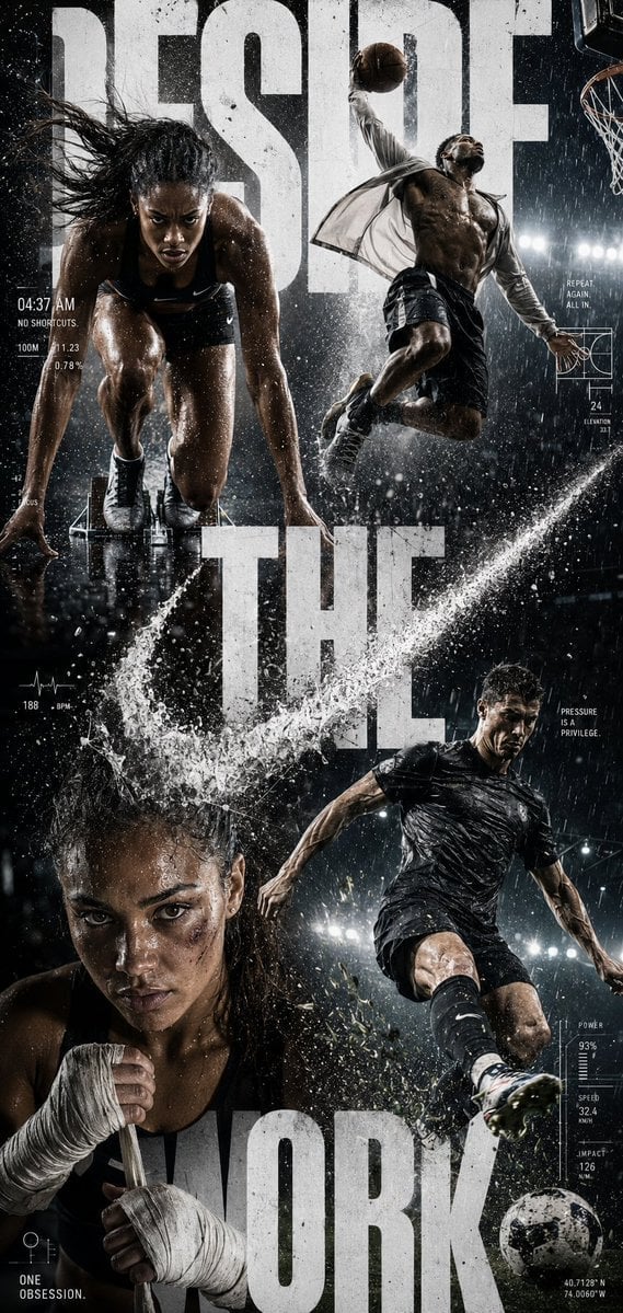 Create a hyper-realistic global sportswear campaign poster titled: