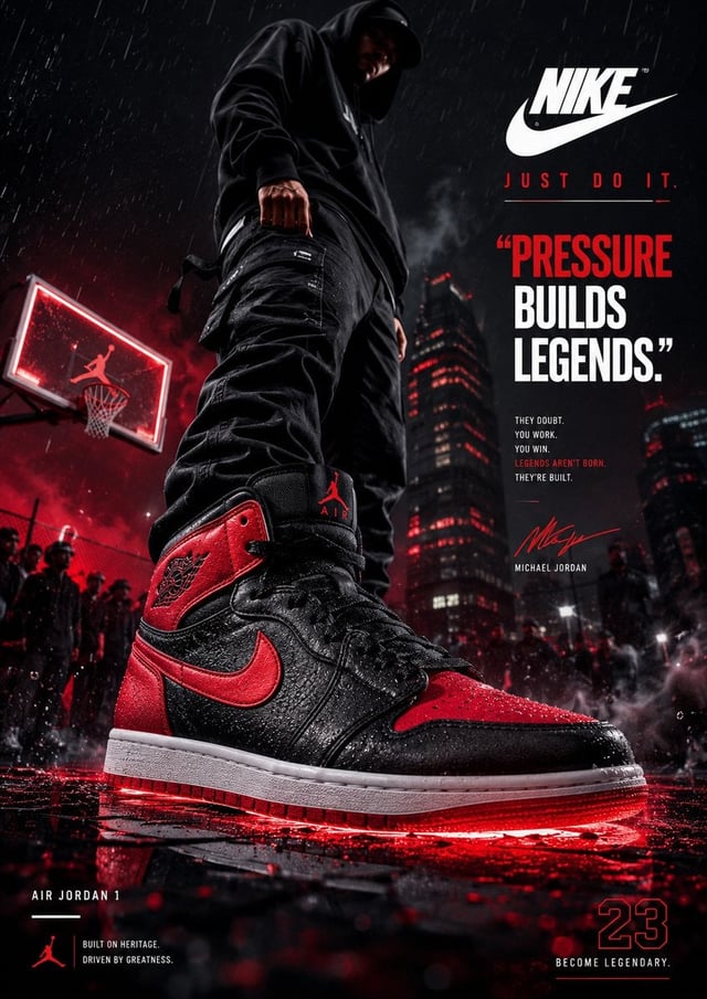 Create an ultra-premium footwear advertising poster designed by a world-class creative agency. Featu
