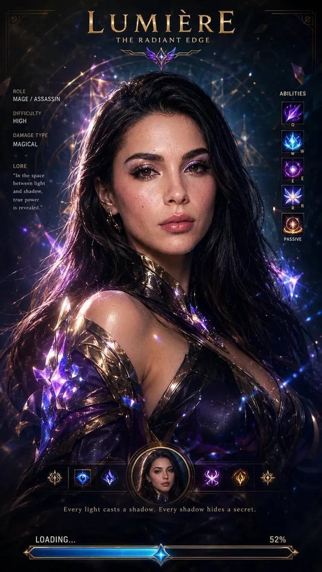 Cinematic League of Legends champion loading screen, ultra-realistic AAA game menu aesthetic matchin