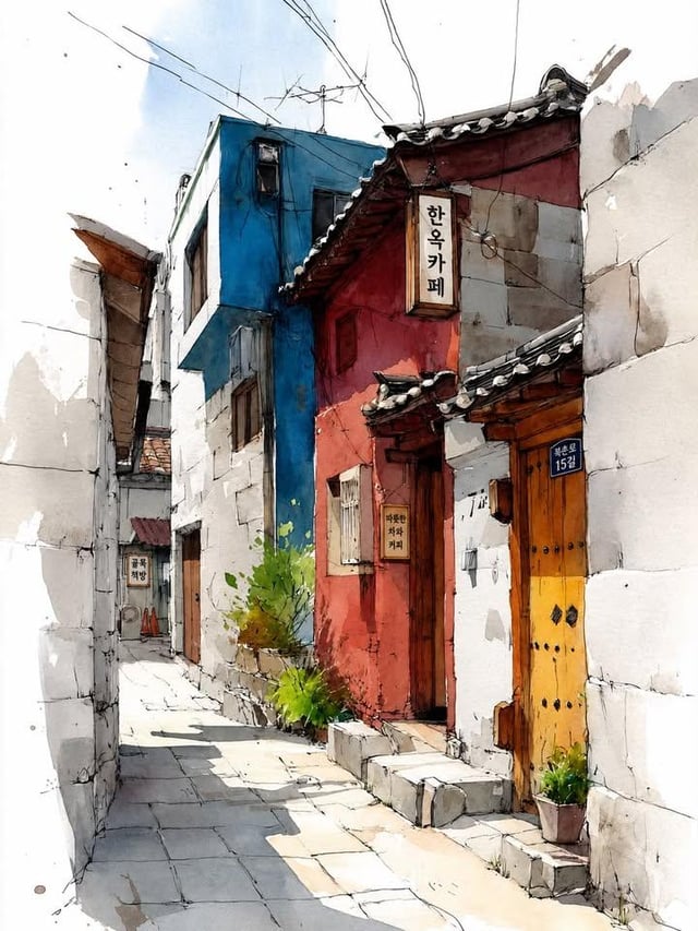 Watercolor urban sketch, narrow alley in traditional Korean hanok village. Red traditional house wit