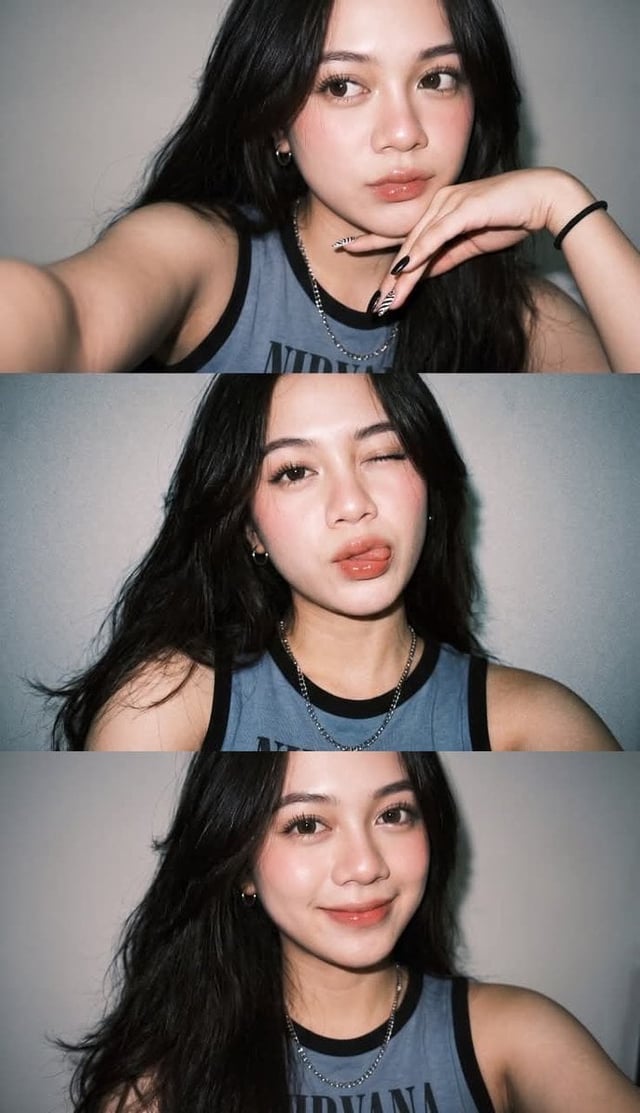 Ultra-realistic Gen Z selfie photo collage, three vertical smartphone flash selfies of a young woman