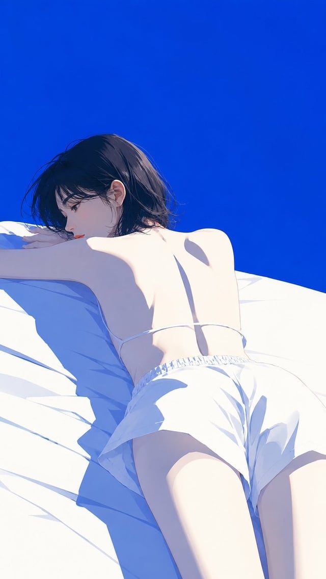 高端日系时装杂志封面感插画，主体为[韩国女孩]，极简现代时装数字插画风，精致赛璐璐上色，干净锐利的大色块塑形，几乎无线稿，边缘优雅清晰。画面保持蓝白骨架配色，同时加入少量珊瑚红、雾紫、浅黄、灰粉、鼠尾