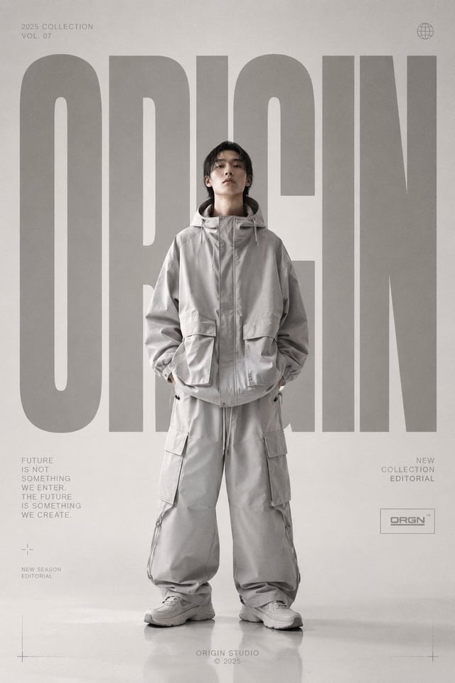 Premium high-fashion editorial poster for [BRAND NAME], full-body fashion model centered, oversized 