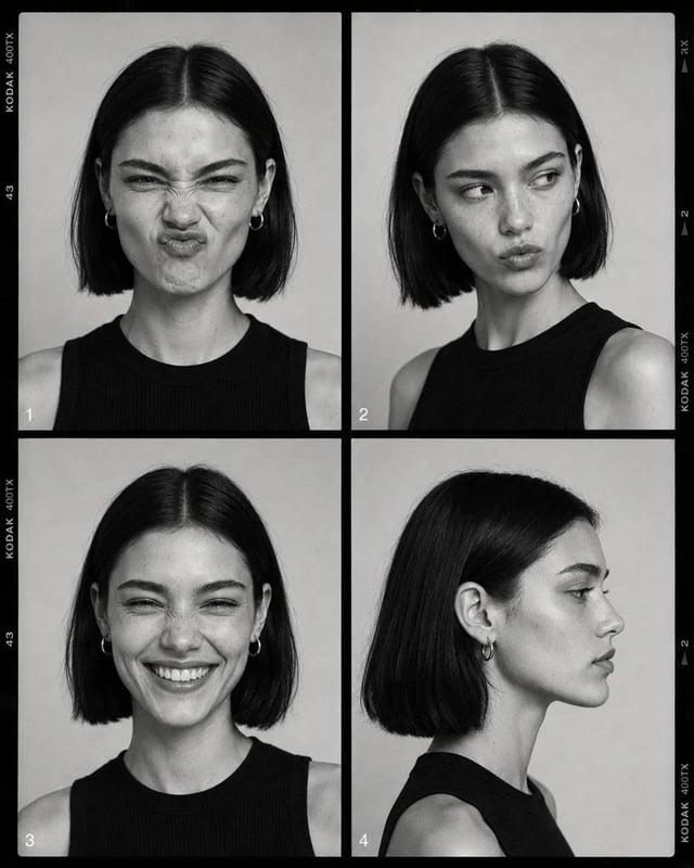 Black-and-white fashion casting contact sheet of [Human] with [Hair], arranged in a clean 2x2 grid o