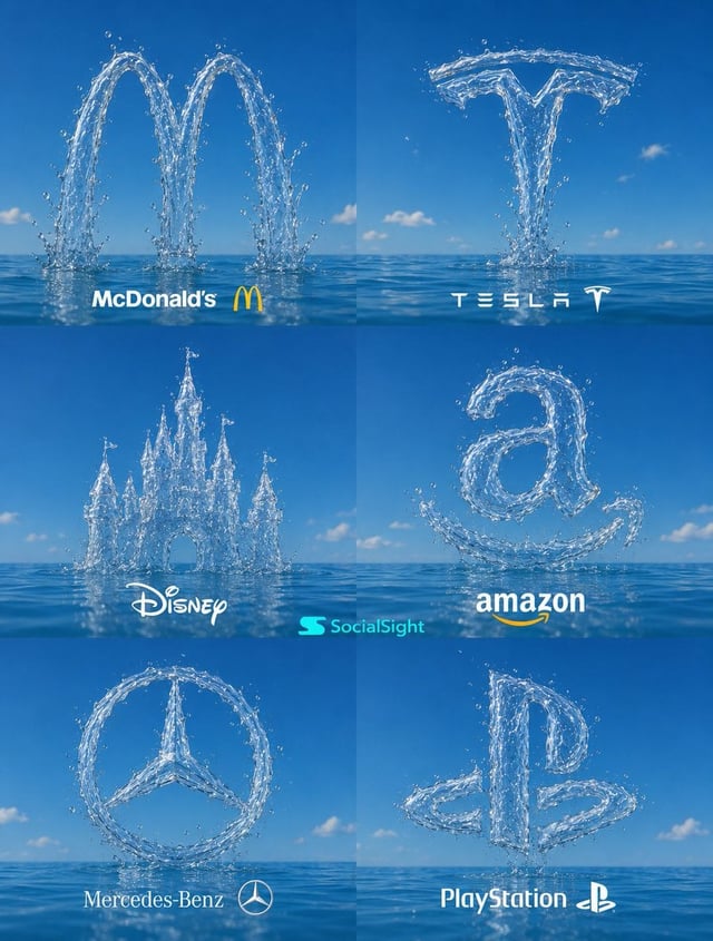 Create a premium 3x2 grid collage of iconic global brand logos recreated entirely from dynamic water