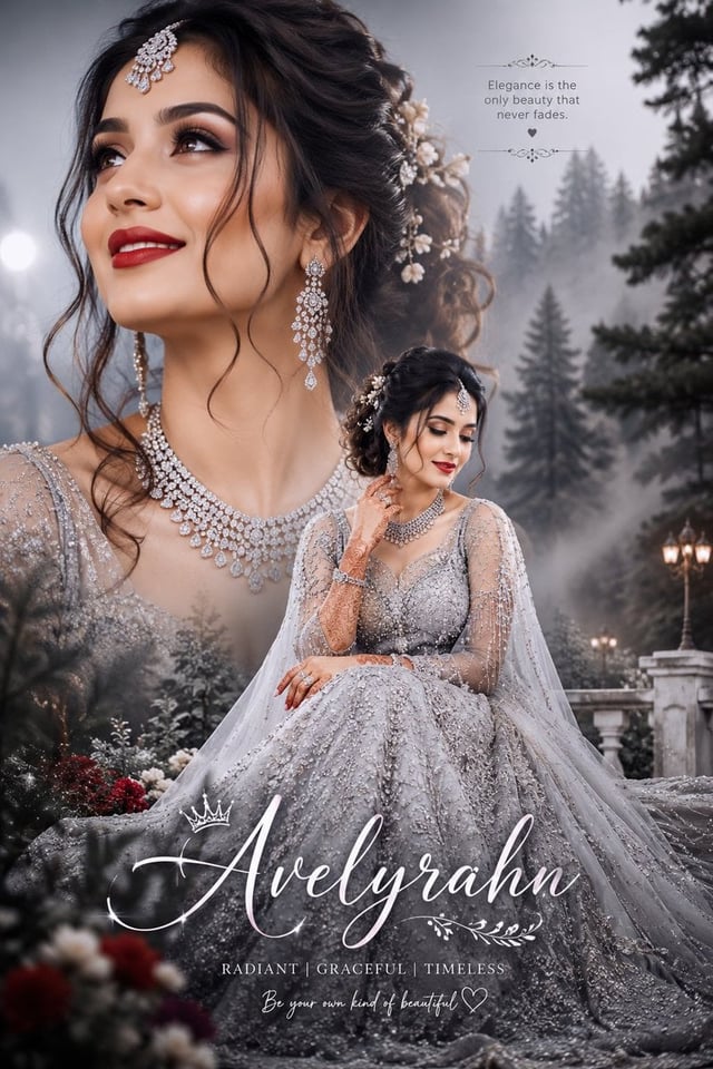 Ultra-realistic bridal portrait collage, beautiful Indian bride in silver lehenga gown, elegant diam