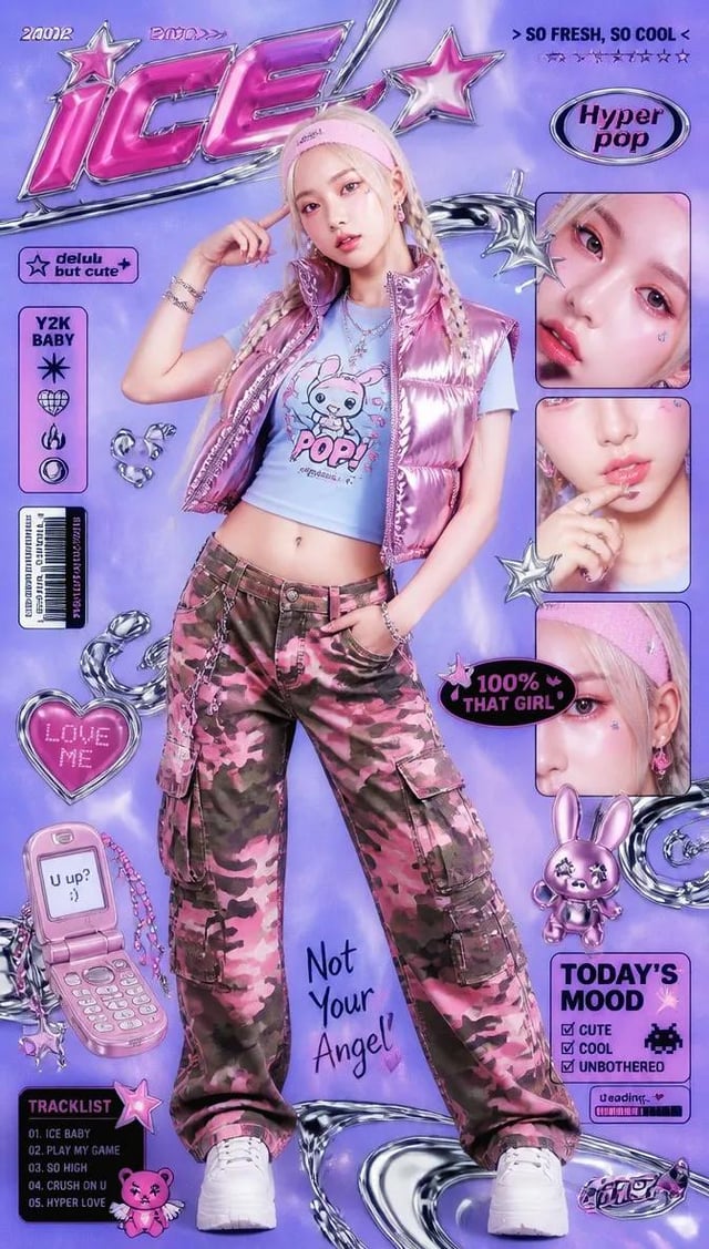 A vibrant Y2K hyper-pop aesthetic magazine cover / promotional poster, 2000s nostalgia style, featur