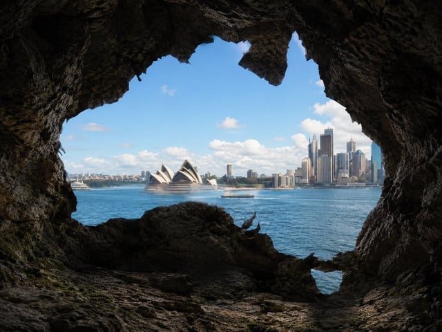 Create a photorealistic image viewed from inside a natural rocky cave looking outward. The cave open