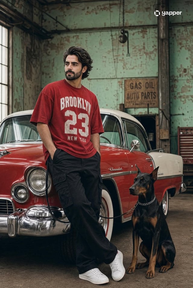 Cinematic streetwear fashion photoshoot. A confident young South Asian man with a beard and slicked-