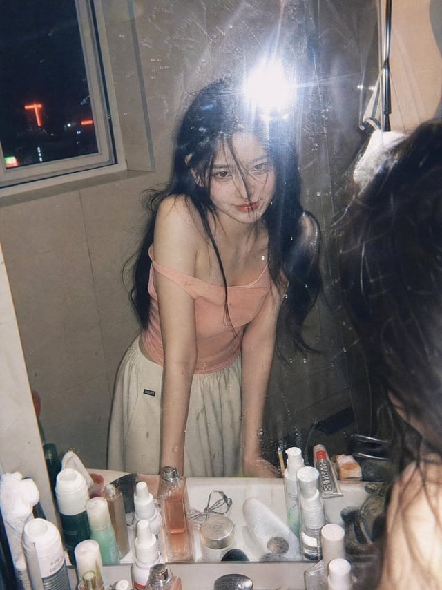 Ultra-realistic candid film photography portrait of a young woman leaning over a bathroom sink and l