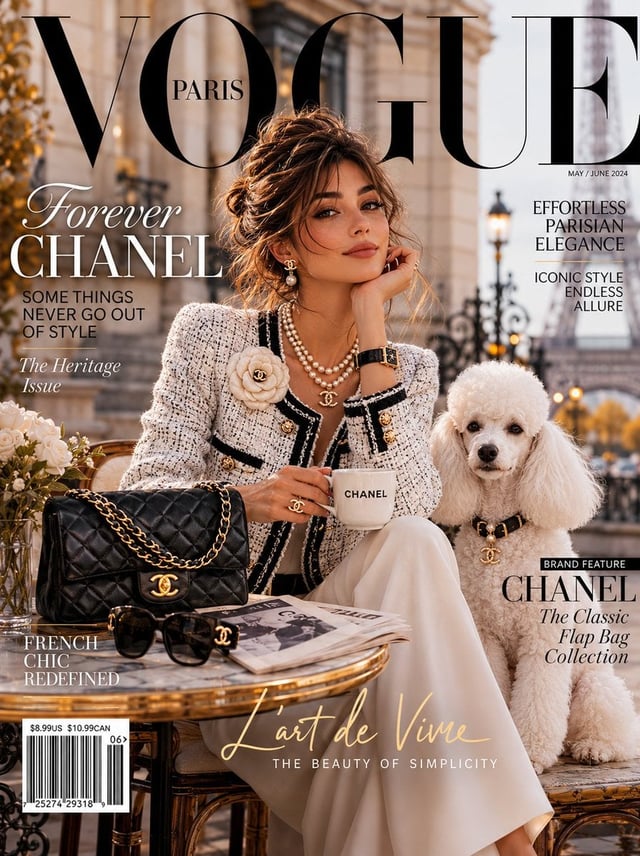 [SUBJECT]: An impossibly elegant young woman in a classic Chanel tweed jacket and pearl necklace, ca