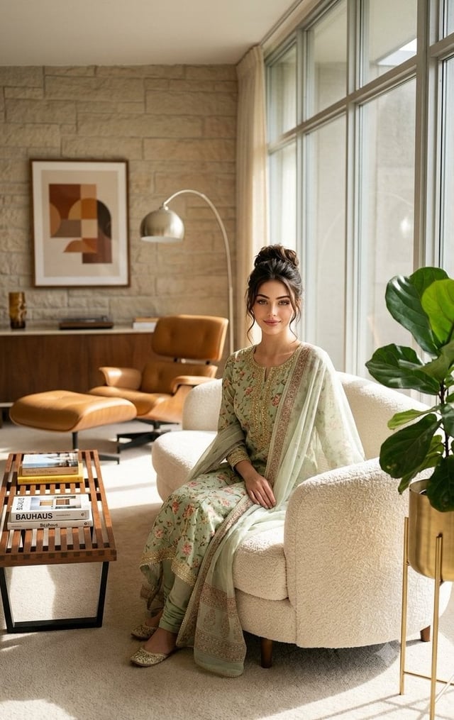 A photorealistic mid-century modern interior scene featuring a young girl sitting naturally on a scu