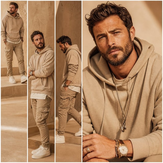 A premium fashion lookbook multi-panel collage grid featuring a stylish bearded Hollywood man. One l