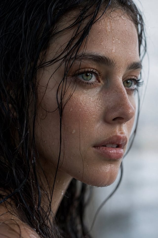 Extreme wet close-up portrait of a young woman in side profile. Dark, rain-soaked hair naturally cli