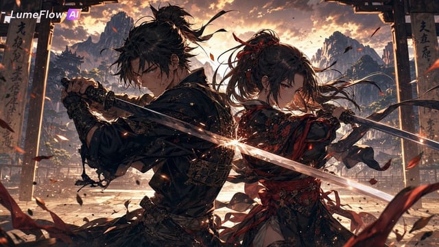 A powerful anime couple training together in a vast mountain dojo at golden sunrise, cinematic side-