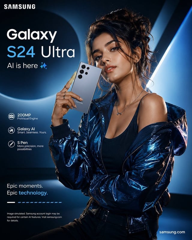 Create a premium smartphone advertising poster featuring a stylish young female model in a fresh, co