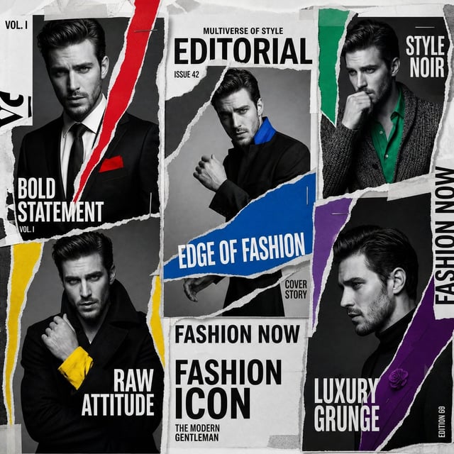 A luxury editorial multi-cover layout featuring the same male model in all frames, arranged as a tor