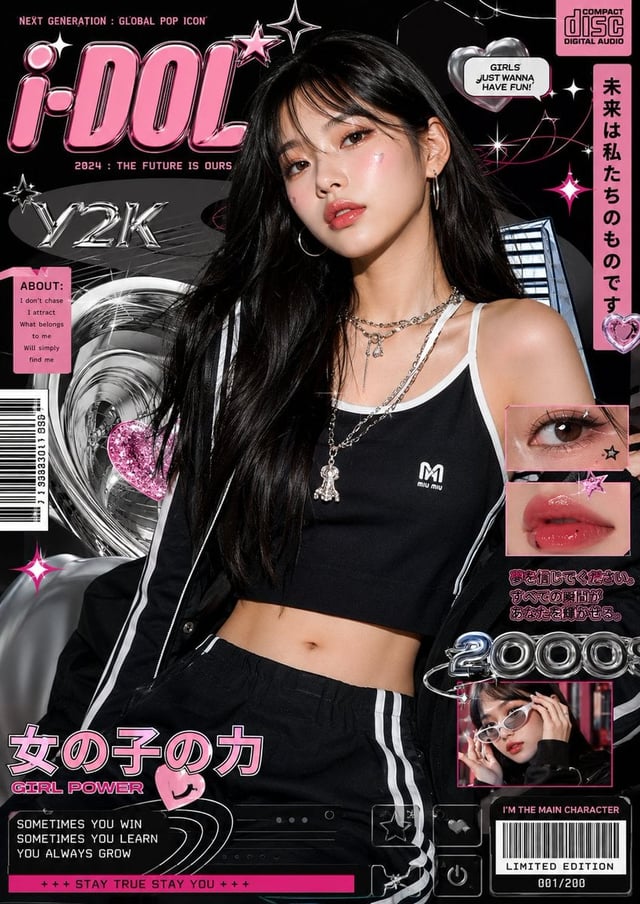 Ultra-stylized luxury fashion editorial poster featuring a confident young Asian woman centered in f
