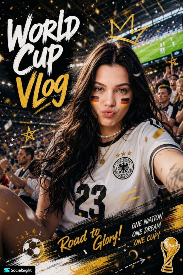 Ultra-realistic sports fan portrait poster, beautiful young woman with long wavy dark brown hair sit