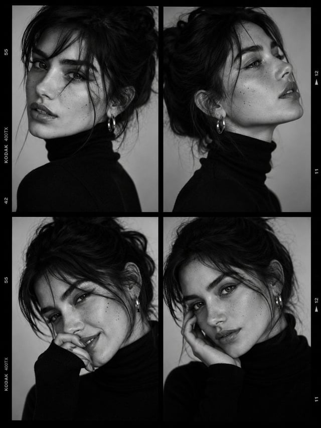 Ultra-viral black-and-white luxury fashion casting contact sheet portrait of a striking young woman 