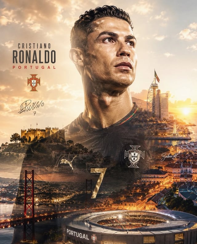 Create an epic double-exposure sports poster featuring a legendary football player as the central su