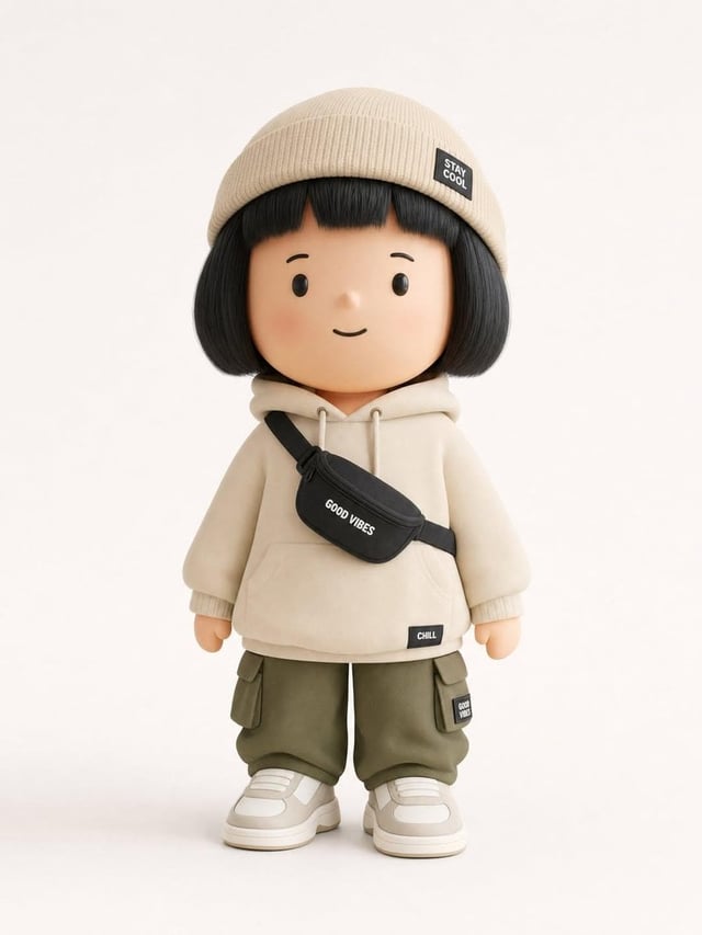Generate a designer art toy / collectible figurine designed to showcase a trendy 'Outfit of the Day'