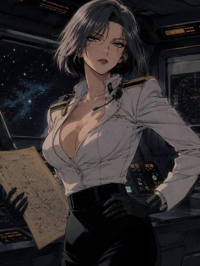 A beautiful adult woman, age 30, with retro space captain energy, short silver-black bob hair, sharp