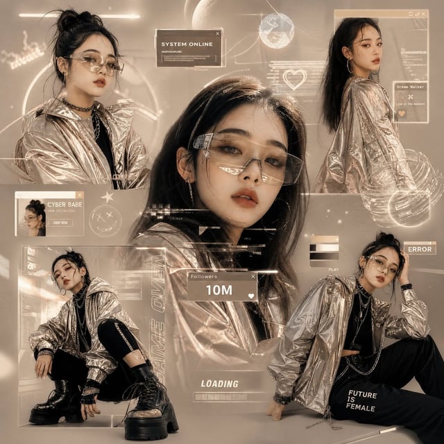 Create a futuristic Gen-Z fashion collage inspired by digital influencers and Korean street fashion.