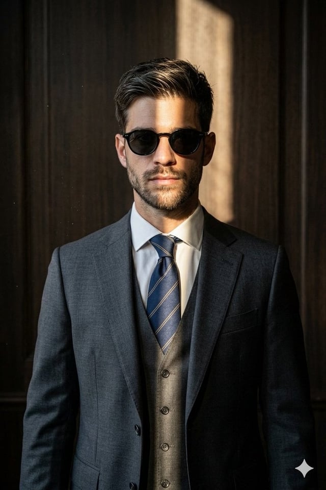 A professional and sharp portrait of the same man from with identical facial features, hair, and stu