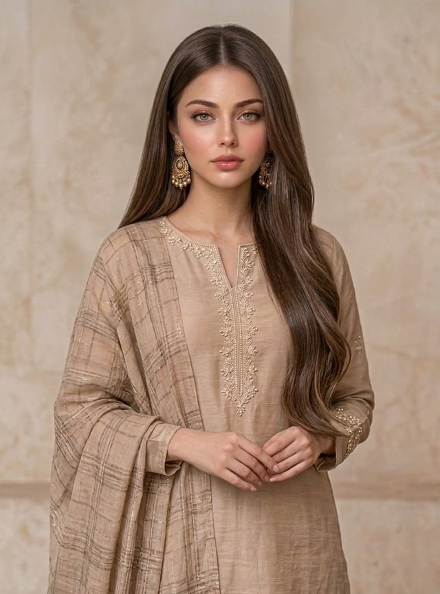 A professional fashion portrait of a beautiful young South Asian woman. She has long, voluminous wav