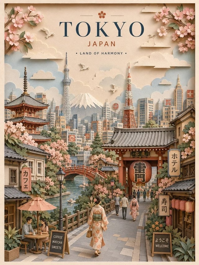 Create a highly detailed vertical travel poster in an elegant 3D layered paper-cut / papercraft dior