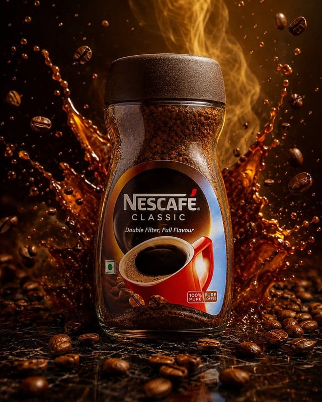 Ultra premium Nescafé coffee jar standing on a polished black marble platform, surrounded by swirlin