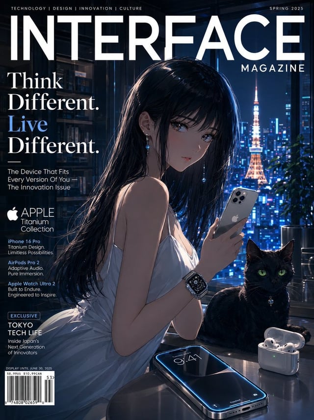 [SUBJECT]: A sleek anime-style girl with glossy black hair and luminous eyes in a minimalist white o
