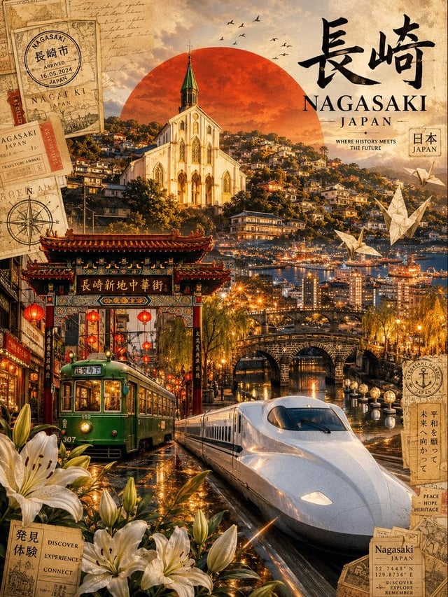 Ultra-viral cinematic travel poster of Nagasaki, Japan, designed for Pinterest, Instagram, and luxur