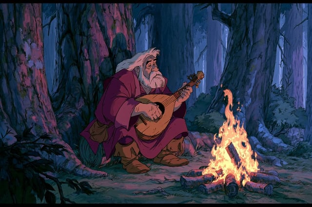 1980s American fantasy animation style, a [subject] holding a [object], in a [environment]. [color] 
