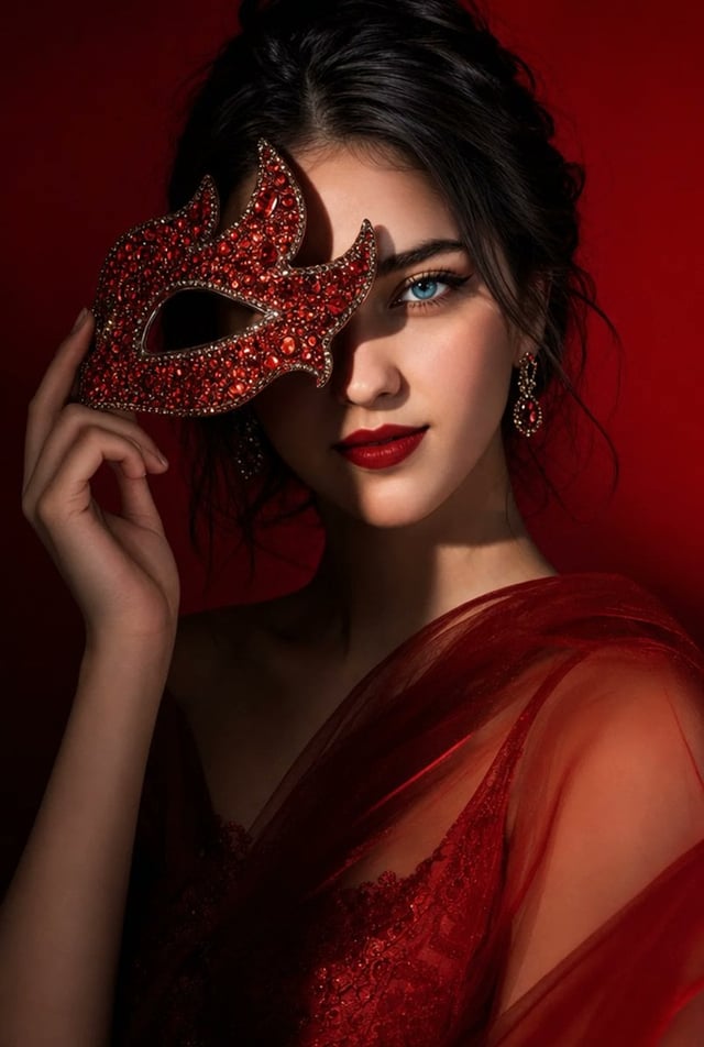 Editorial beauty portrait of a young woman holding a crystal-encrusted red rhinestone masquerade mas